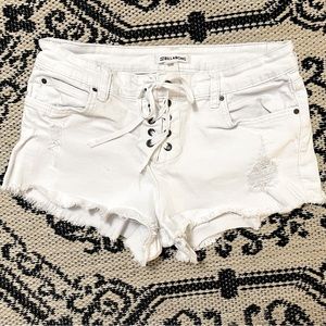 Billabong denim, white, tie up, cut off short. Good condition. Size 9/ 28